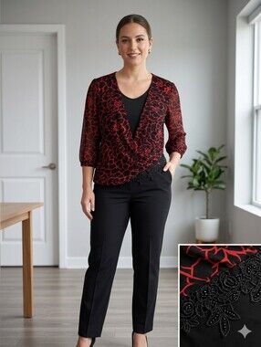 SD Collection Black and Red Floral Wrap-Style Blouse